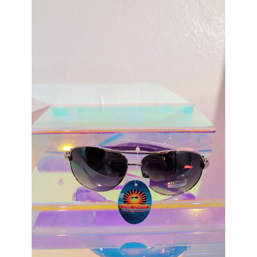New Silver Aviator Sunglasses Purple Arms Dark Gradient Lens UV400 Women